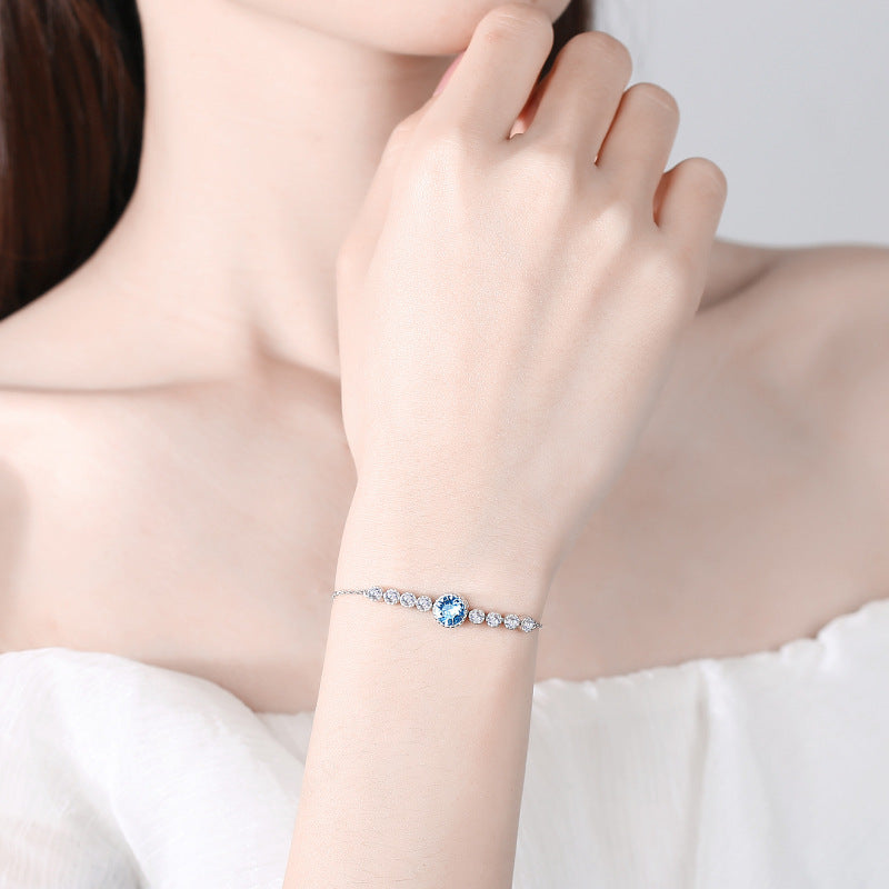 Ocean Heart Crystal Bracelet for Women S925 Pure Silver High End Jewelry, Niche Fashion Light Luxury Bracelet