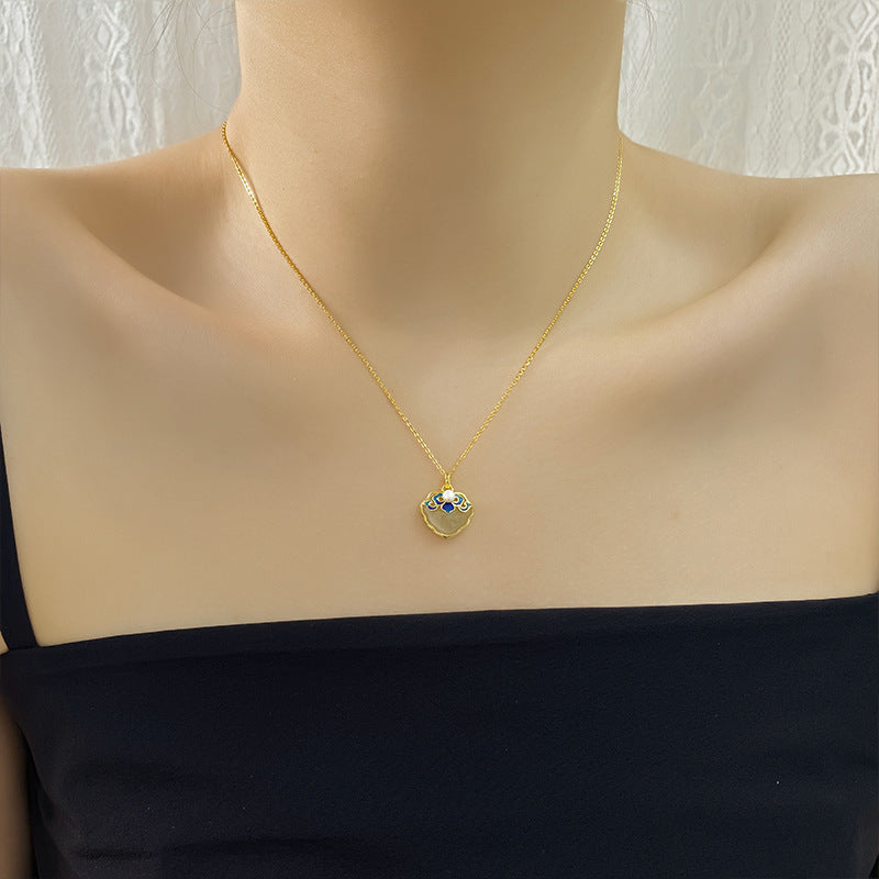Blue and white porcelain baking varnish wishful item S925 sterling silver natural Hotan Jade pendant advanced clavicle chain