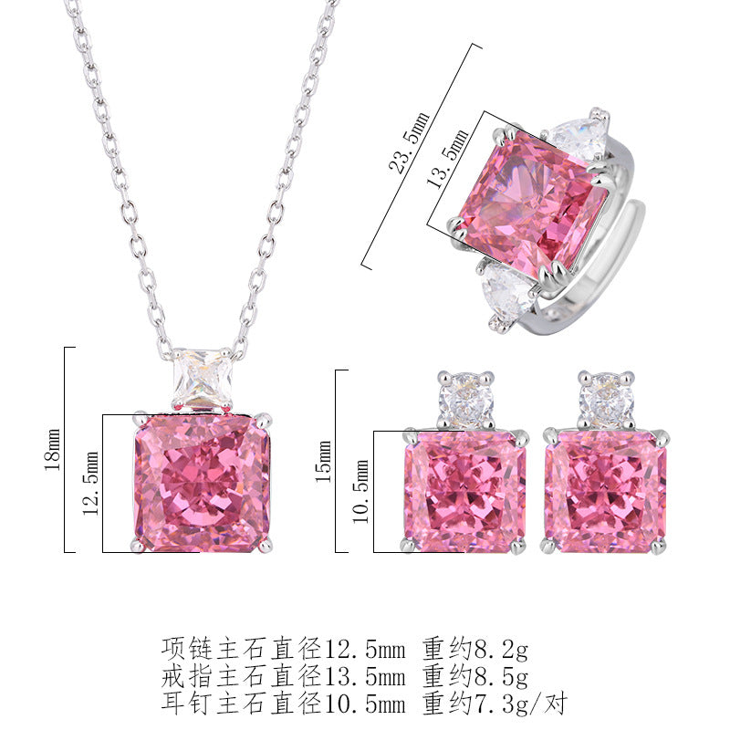 New Zhuangsheng Jewelry High Carbon Diamond Ice Flower Cut Copper Set with Princess Pink Diamond Set 12 * 12-10 * 10