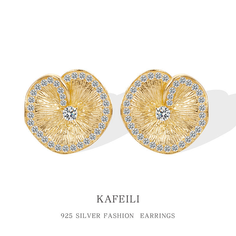Italian brushed craftsmanship S925 pure silver lotus leaf pleated texture earrings with high-end temperament