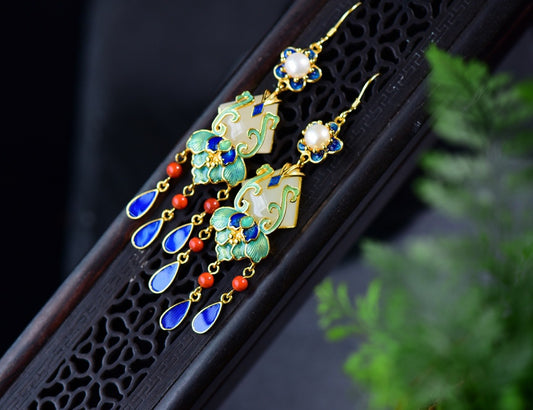 earrings  Retro silver inlaid Hetian jade earrings trapezoidal enamel pearl earrings S925 silver ear hooks