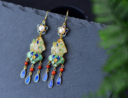 earrings  Retro silver inlaid Hetian jade earrings trapezoidal enamel pearl earrings S925 silver ear hooks