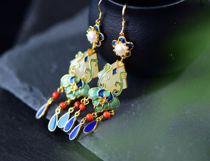earrings  Retro silver inlaid Hetian jade earrings trapezoidal enamel pearl earrings S925 silver ear hooks