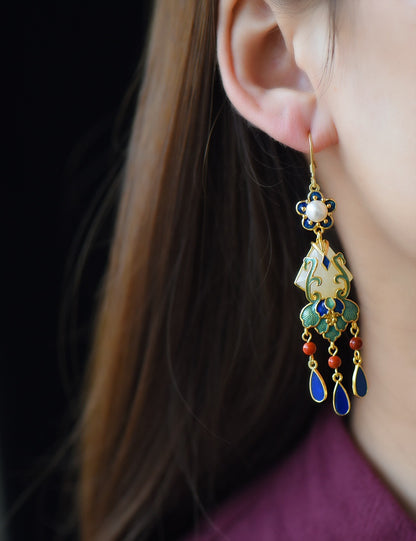 earrings  Retro silver inlaid Hetian jade earrings trapezoidal enamel pearl earrings S925 silver ear hooks