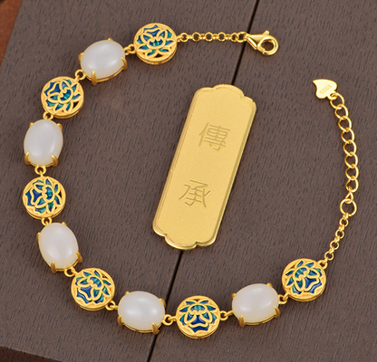 Cabaret S925 silver inlaid natural Hotan Jade bracelet lotus picking enamel China-Chic antique hand ornament