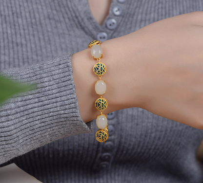 Cabaret S925 silver inlaid natural Hotan Jade bracelet lotus picking enamel China-Chic antique hand ornament
