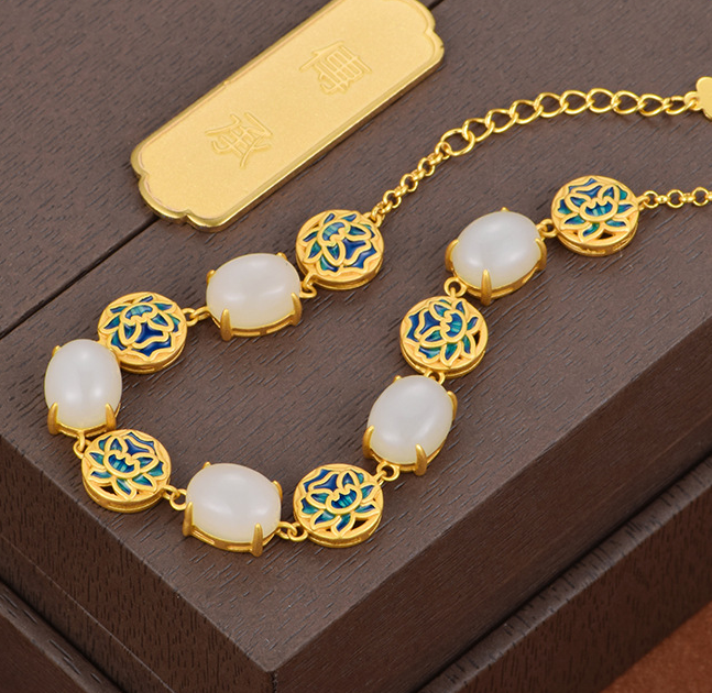 Cabaret S925 silver inlaid natural Hotan Jade bracelet lotus picking enamel China-Chic antique hand ornament