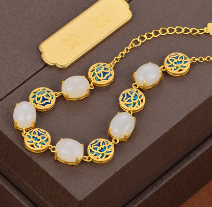 Cabaret S925 silver inlaid natural Hotan Jade bracelet lotus picking enamel China-Chic antique hand ornament