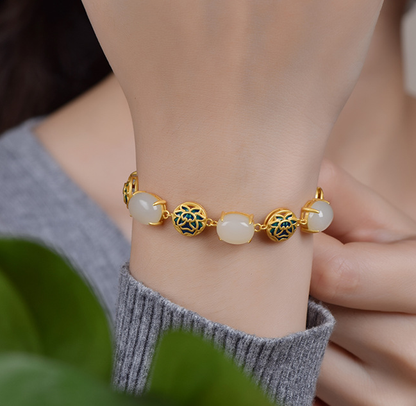 Cabaret S925 silver inlaid natural Hotan Jade bracelet lotus picking enamel China-Chic antique hand ornament