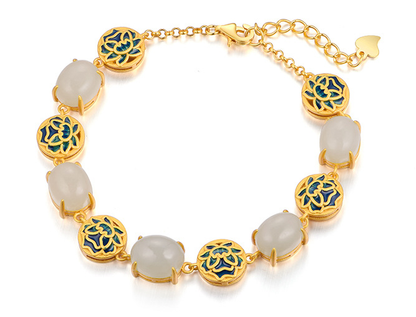 Cabaret S925 silver inlaid natural Hotan Jade bracelet lotus picking enamel China-Chic antique hand ornament