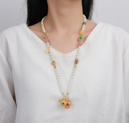 Explosive Sand Gold Peacock Gourd Hollow Out Blue Enamel Pendant, Shijiabei Bead, High Quality Clothing Chain