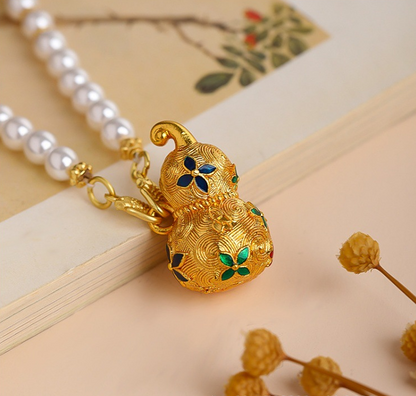 Explosive Sand Gold Peacock Gourd Hollow Out Blue Enamel Pendant, Shijiabei Bead, High Quality Clothing Chain