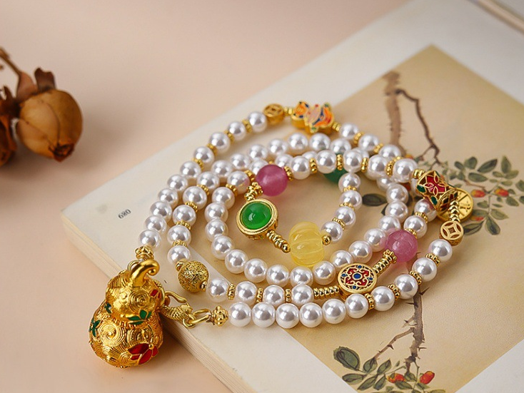 Explosive Sand Gold Peacock Gourd Hollow Out Blue Enamel Pendant, Shijiabei Bead, High Quality Clothing Chain