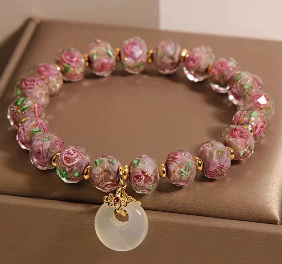 New Chinese style glass bracelet, safety buckle, rose glass bracelet