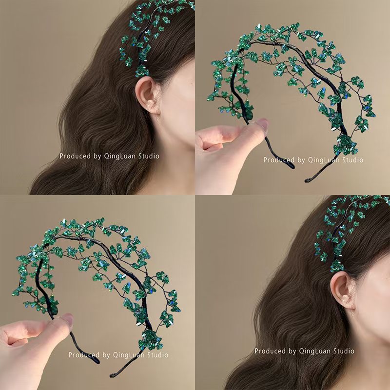 Korean Sweet Green Crystal Hair Bracelet Exquisite Weaving Beaded Hair Accessories