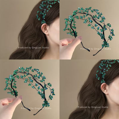 Korean Sweet Green Crystal Hair Bracelet Exquisite Weaving Beaded Hair Accessories