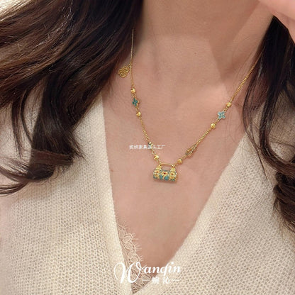 New Chinese style enamel fired blue safety lock pendant necklace