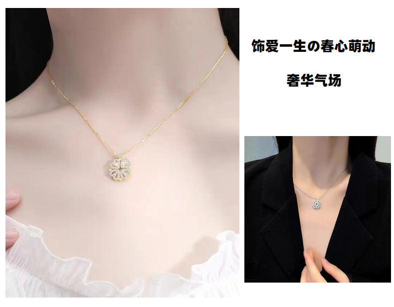 S925 pure silver heart-shaped clover necklace with flowers full of diamonds, light luxury style collarbone chain, a two piece jewelry