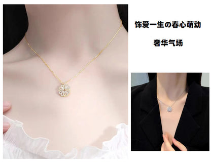 S925 pure silver heart-shaped clover necklace with flowers full of diamonds, light luxury style collarbone chain, a two piece jewelry