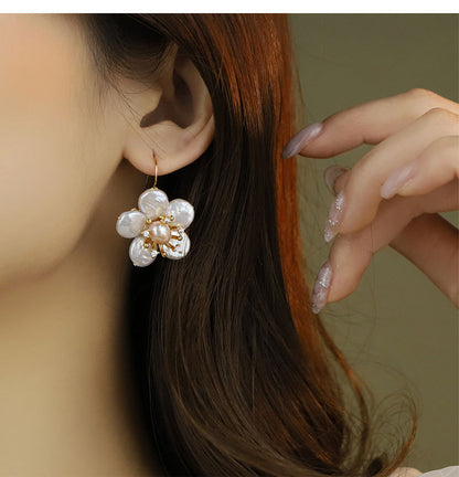 Natural Baroque Pearl Earrings, Simple Style Earrings S925 Silver Needle Flower Earrings