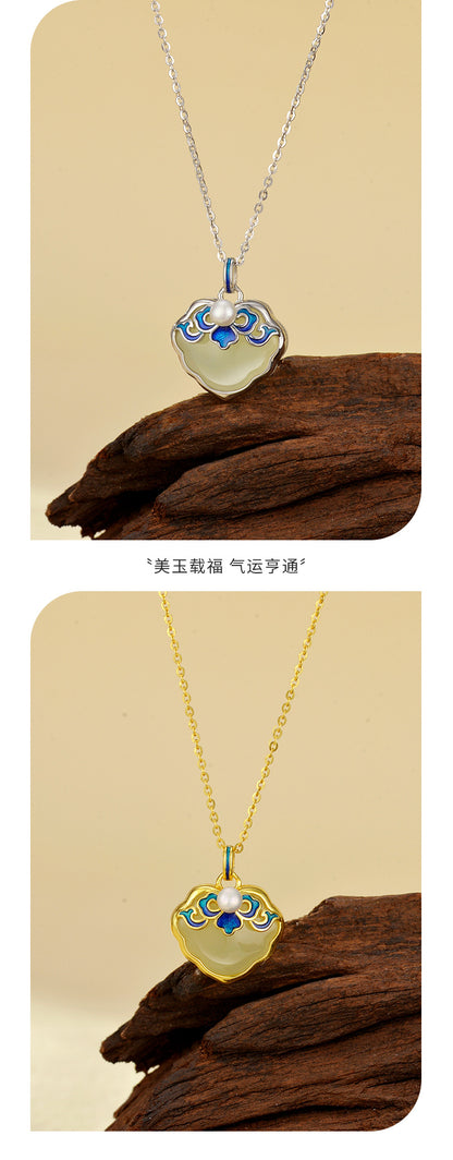 Blue and white porcelain baking varnish wishful item S925 sterling silver natural Hotan Jade pendant advanced clavicle chain