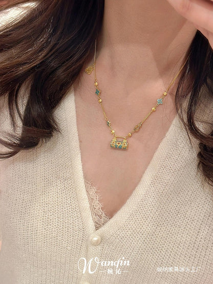 New Chinese style enamel fired blue safety lock pendant necklace