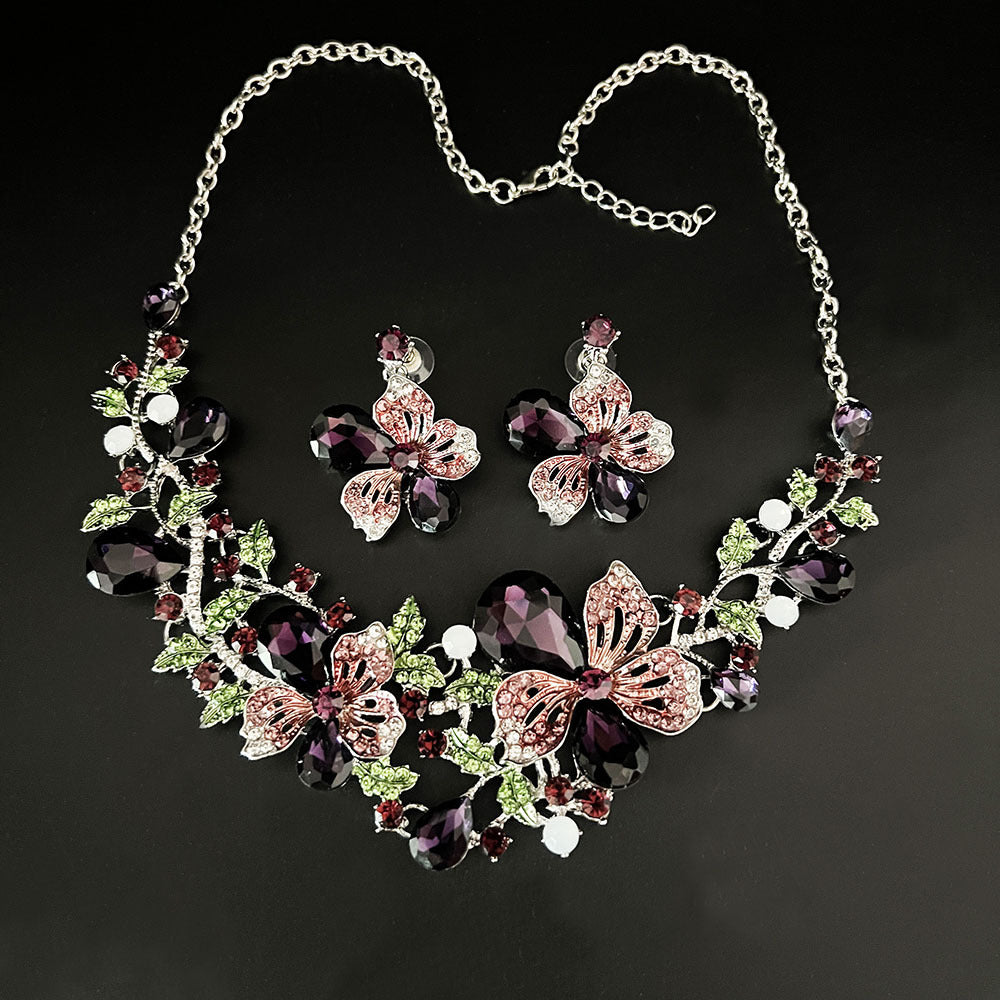 Popular European and American flower necklaces, earring sets, new colorful crystal gemstone evening dress accessories