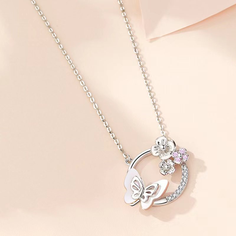 S925 Silver New Product Natural Powder Mother Shell Flower Spirit Butterfly Dream Necklace Clavicular Chain Women's Jewelry