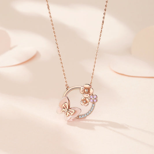 S925 Silver New Product Natural Powder Mother Shell Flower Spirit Butterfly Dream Necklace Clavicular Chain Women's Jewelry