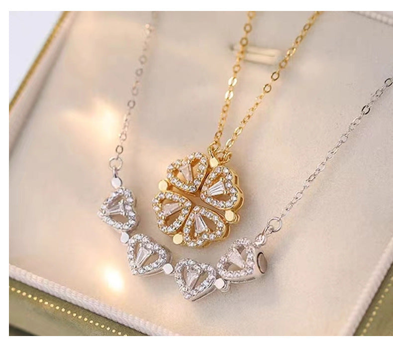 S925 pure silver heart-shaped clover necklace with flowers full of diamonds, light luxury style collarbone chain, a two piece jewelry