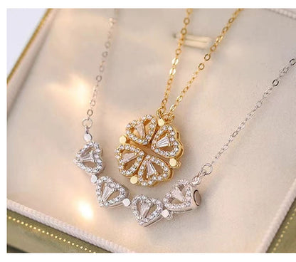 S925 pure silver heart-shaped clover necklace with flowers full of diamonds, light luxury style collarbone chain, a two piece jewelry