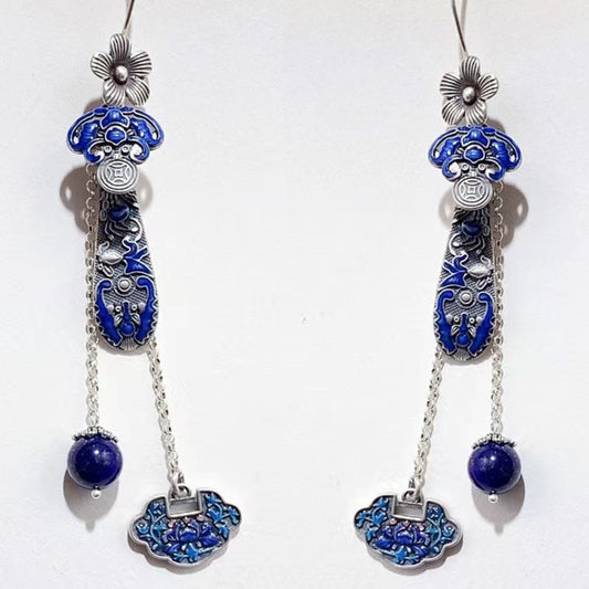 2025 Hanfu Cotton and Hemp Accessories Enamel Silver Ruyi Earrings Long Style Lapis lazuli