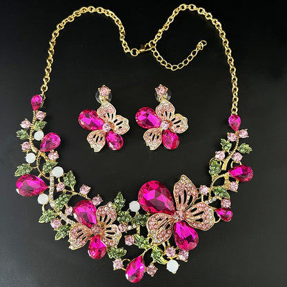 Popular European and American flower necklaces, earring sets, new colorful crystal gemstone evening dress accessories