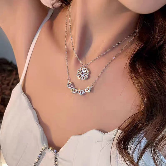 S925 pure silver heart-shaped clover necklace with flowers full of diamonds, light luxury style collarbone chain, a two piece jewelry