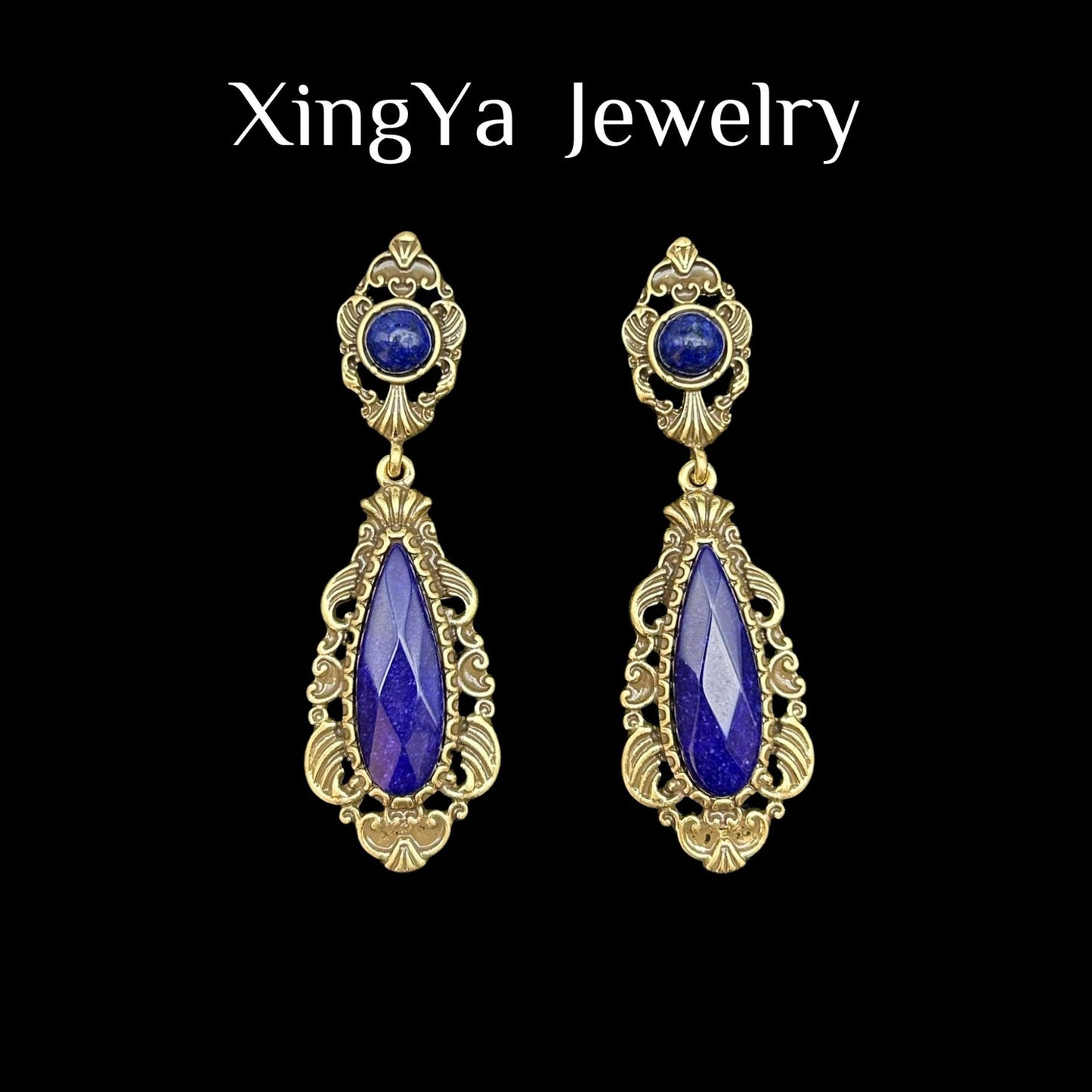 Vintage Heavy Industry Lapis Stone Inlaid with Palace Vintage Style High Quality Texture Water Drop Jewelry Set
