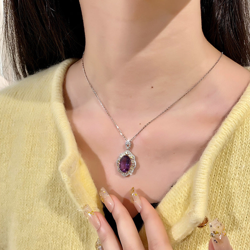 New high-end luxury pure silver s925 egg face necklace for women, set with natural color treasure sky blue topaz collarbone chain