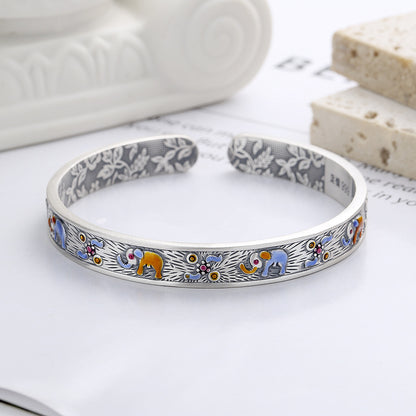 S999 pure silver matte craftsmanship auspicious auspicious elephant dropper pattern inner circle heavy industry design exquisite bracelet