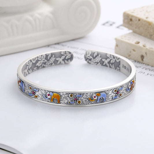 S999 pure silver matte craftsmanship auspicious auspicious elephant dropper pattern inner circle heavy industry design exquisite bracelet