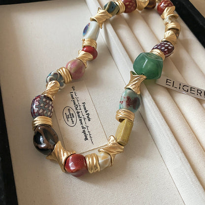 Ethnic style ceramic flower necklace, vintage collarbone chain