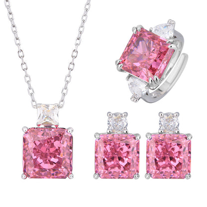 New Zhuangsheng Jewelry High Carbon Diamond Ice Flower Cut Copper Set with Princess Pink Diamond Set 12 * 12-10 * 10