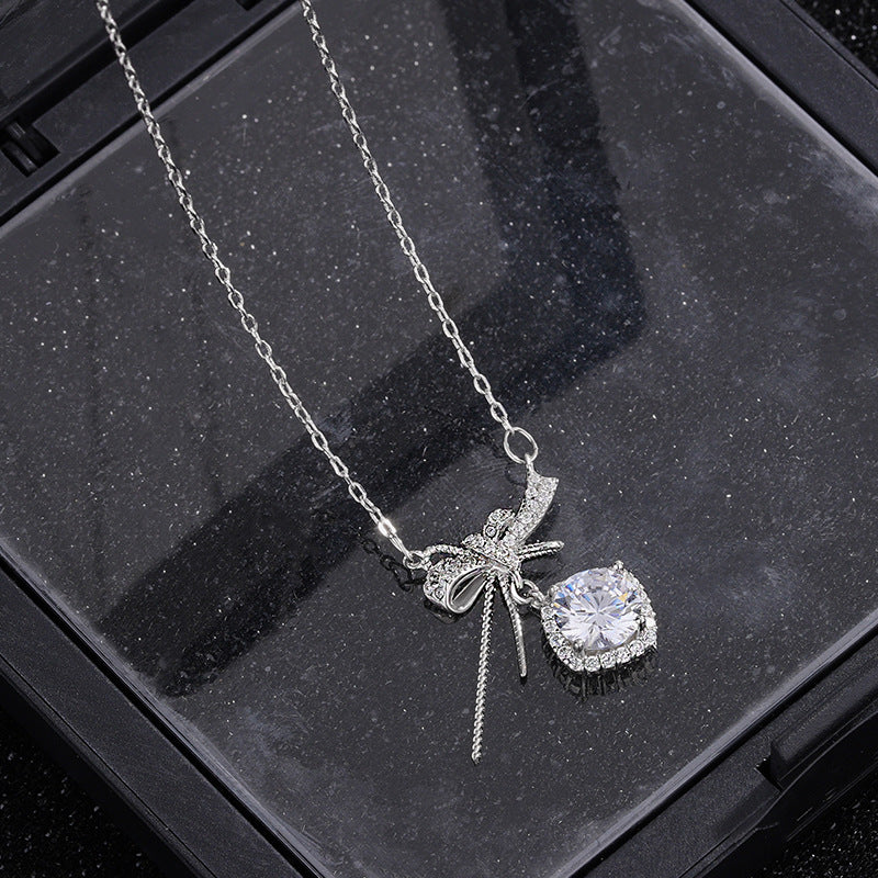 S925 pure silver romantic bow pink zircon necklace exquisite, light luxury, high-end feeling chain