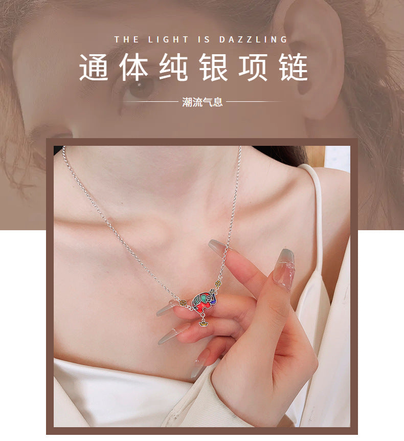 S925 pure silver auspicious elephant necklace with good symbolism of ancient style collarbone chain