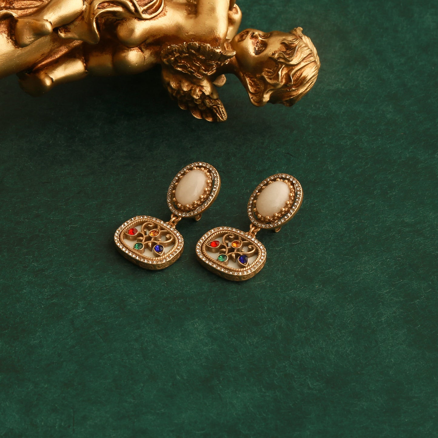 Vintage niche floral zircon jewelry, O-chain necklace, silver needle earrings, earrings