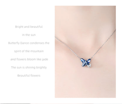 Crystal necklace for women S925 pure silver blue butterfly pendant sweater chain collarbone necklace