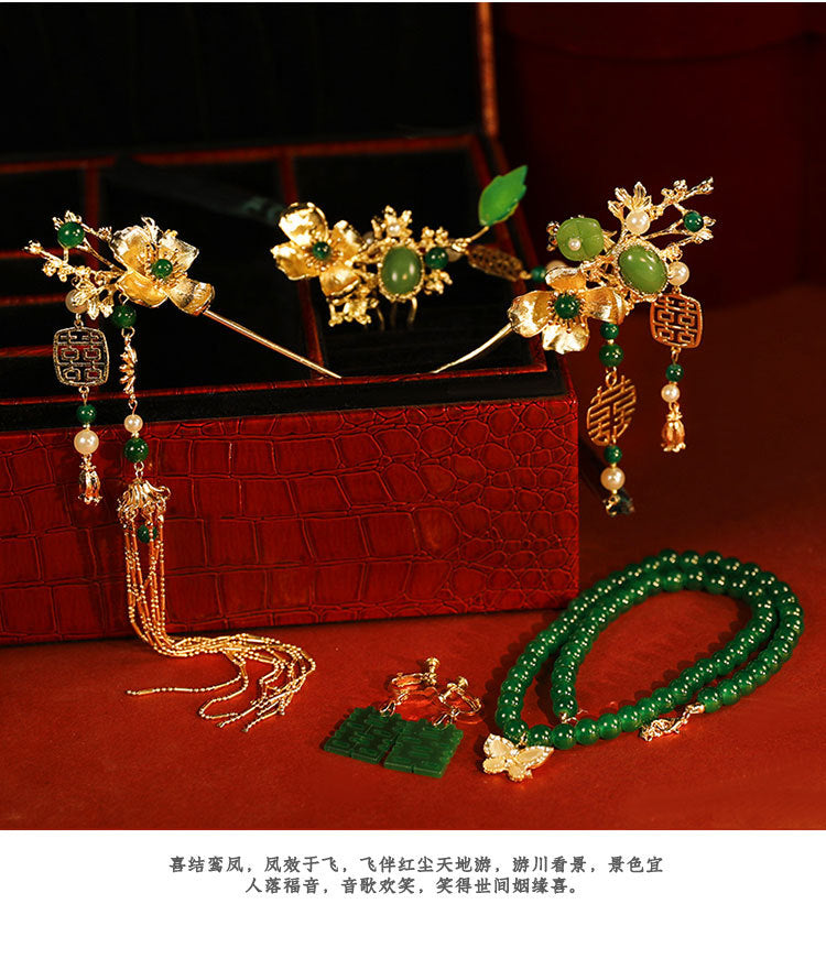 New Chinese style headwear, green bamboo hairpin, phoenix hairpin necklace, earrings, paired hairpin, swaying step by step