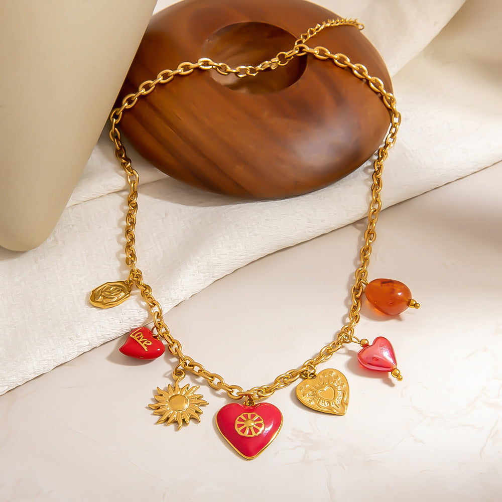 Stainless steel necklace peach heart sun shaped pendant collarbone chain