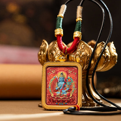 Green Tara Zakhilam Fifth Master's Past and Present Lives Necklace Hand drawn Tangka Brass Necklace