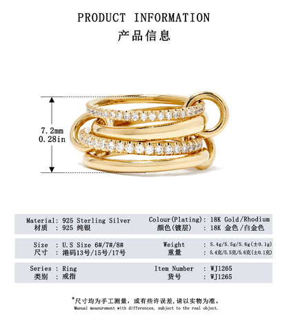 Fashion jewelry S925 pure silver four ring interlocking diamond ring with personalized design sense ring