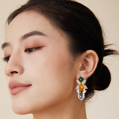 New Secret Garden Earrings Gold Plated with Pear shaped Yellow Diamonds, High Grade Flower Cluster Earrings