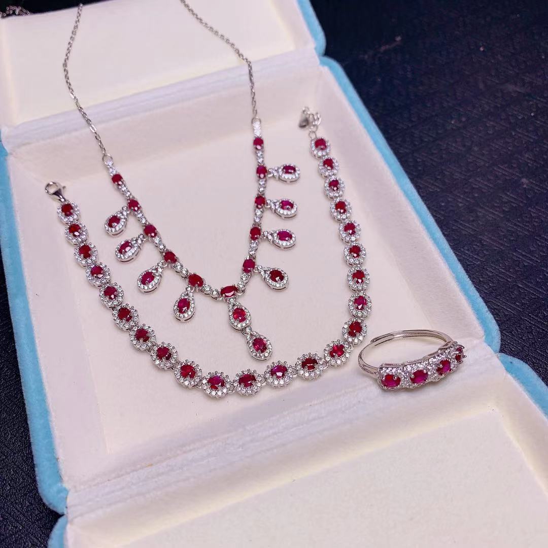Natural Pigeon Blood Ruby Set Full Body 925 Silver Inlaid Charm Color Gemstone Jewelry